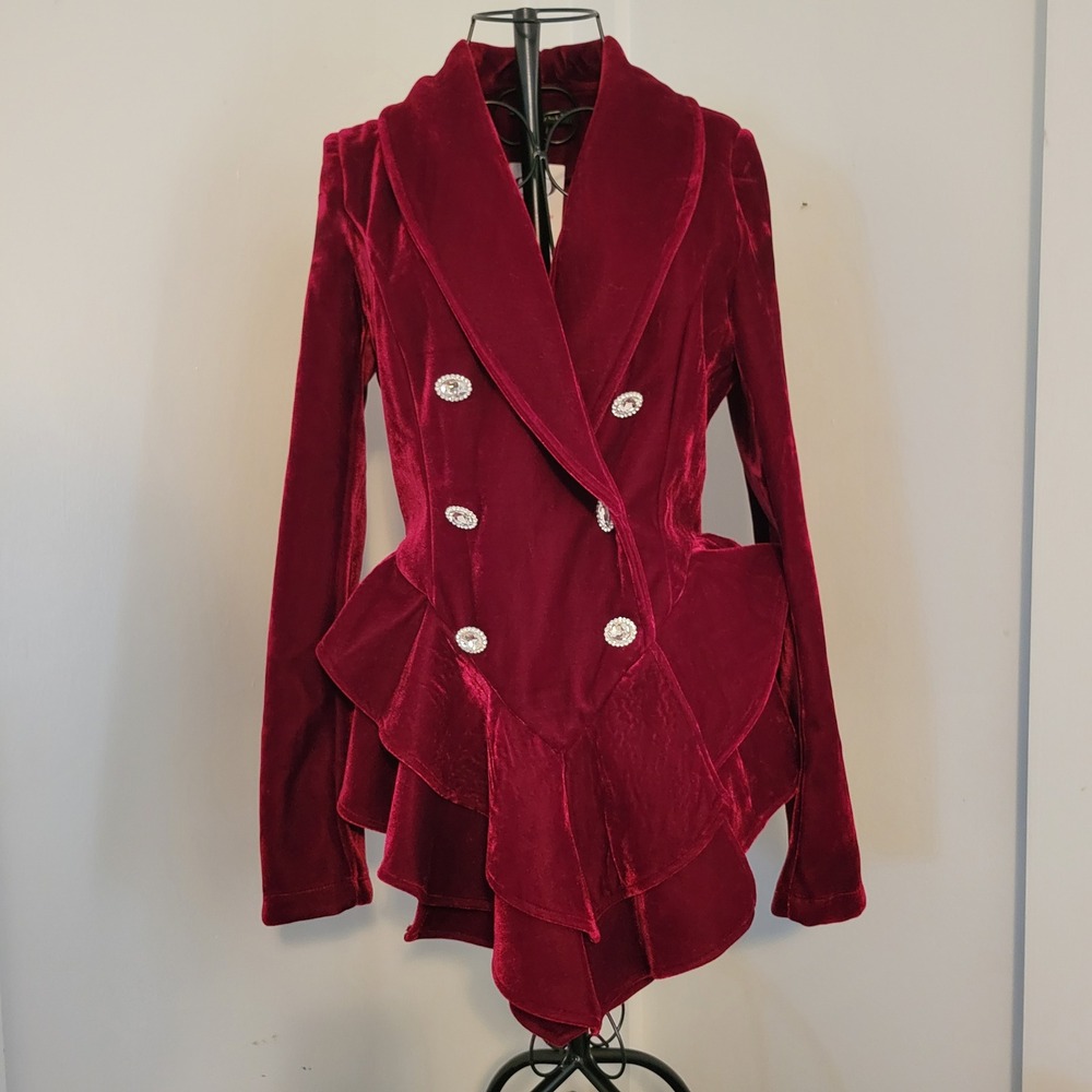 Retro S Blazer Red Velvet Ruffle Peplum Victorian Ren Faire Pirate Steampunk